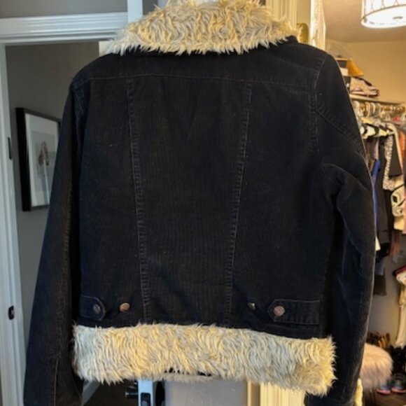 Roxy Dark Blue Corduroy Jacket with faux Fur Sleeves and Collar, Size M - Picture 3 of 5